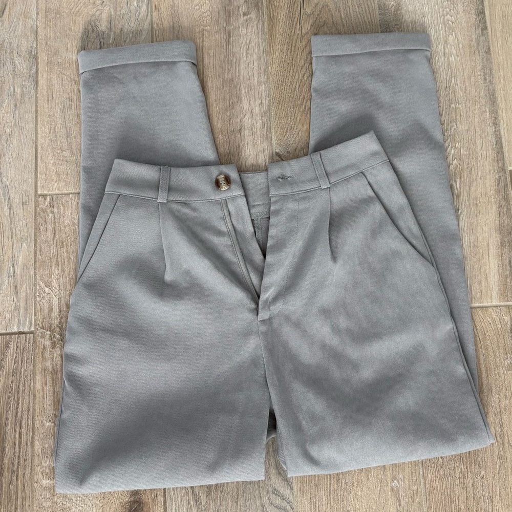 Grey high-waisted straight-leg trousers